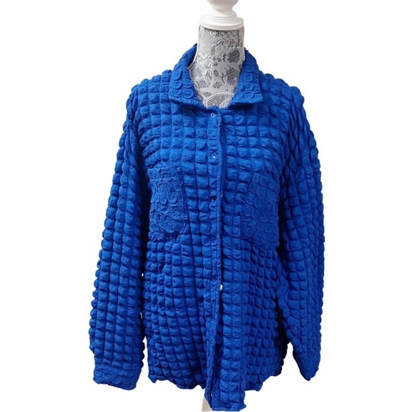 Bailey Rose Tops - Y2k Coastal Statement Stretchy BAILEY ROSE Bubble Knit Shirt LARGE Electric Blue